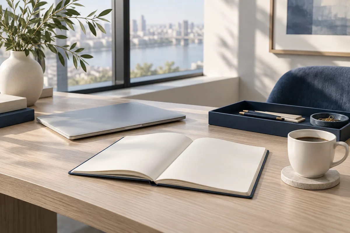 Libreta y laptop sobre un escritorio. Imagen ilustrativa generada con IA.