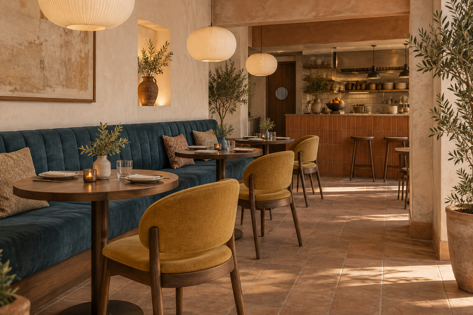 Visual conceptual de un restaurante con bancas azul petróleo y sillas mostaza.